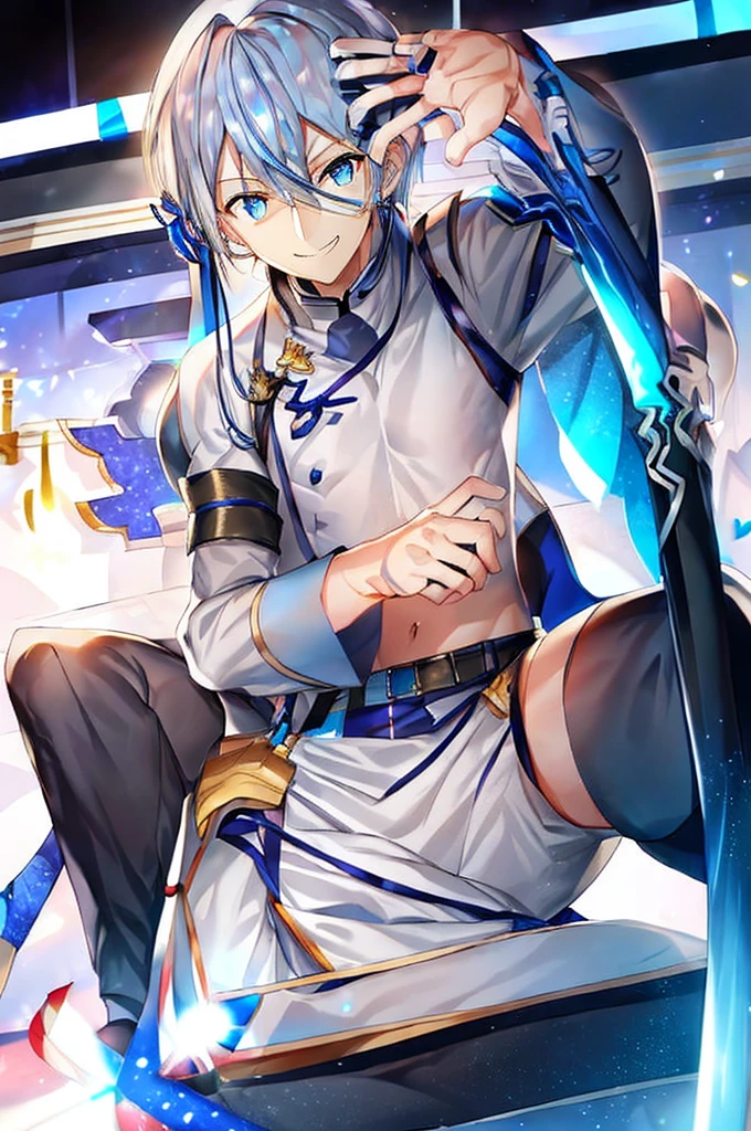 male、Fanning、blue eyes、Gray Hair、Grinning