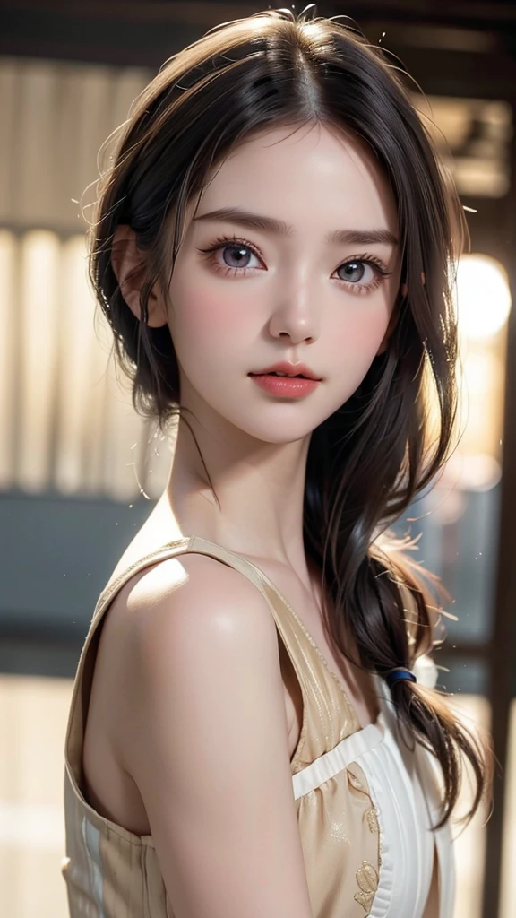 One Girl，(1人のとてもcute女の子:1.3)，masterpiece，Highest quality，High resolution，From below，Low - Angle，Photorealistic，RAW Photos，Ray Tracing，Physically Based Rendering，beautiful girl，(:1.3)，cute，Big eyes，(detailed pupils:1.2)，(The face is facing straight ahead:1.3)，Body facing forward，Beautiful nose，High nose，Upturned nose，Fuller lips，Short black hair，ponytail，short hair，Detailed eyelashes，Thin eyebrows，Very fine grain definition，(Symmetrical eyes，Golden Ratio:1.3)，(Face close-up，Face Focus:1.0)，Small breasts，Short neck，Sailor suit，，A city with slopes，Downtown，sunset，Sunset，Portrait，View Viewer，Upper Body，Cinema Lighting，High resolution，Very detailed