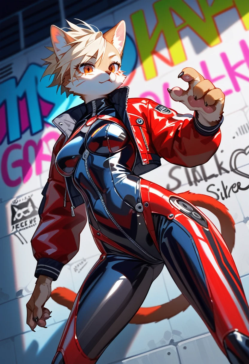 animation, Highest quality, Highest quality, High quality illustrations, masterpiece, Ultra-high resolution, Detailed Background, Futuristic Bar, Graffiti art on the wall, Absurd, Perfect Anatomy, performance, Good lighting, Shadows in the movies(kemono, Furry PersonifiCation), Cat, Blueskin, Red Rubber Suit, latex, neon, neonライト, neonカラー, Bodysuits, Cyber Suit, Leather Half Jacket, cyber punk, Dynamic Angle