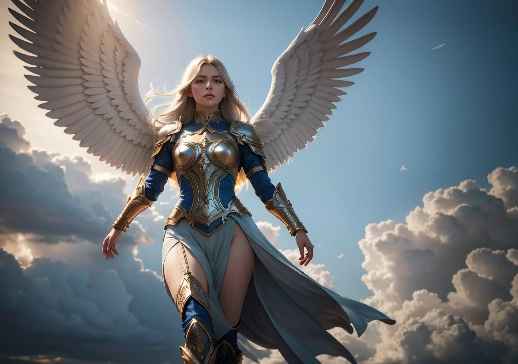 Illuminated angels flying over sunny skies, clear and bright sky, realistic epic, Soft cinematic portrait, Adobe Lightroom, photo laboratory, highy detailed, Art by Greg rutkowski and ArtGerm, Neutral Colors: 1.2), (hdr: 1.4), (subdued colors:1.2), hyperdetailed, (art station:1.4), cinematic, warm lights, naturallight, (details Intricate:1.1), complex background, (Rutkowski:0.66), (blue and orange:0.4), 1080x1920 resolution
