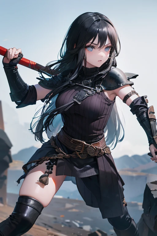 A black-haired girl wears viking helmet wields the Heavy Thrusting Swords from within the Elden Ring in a reverse grip.