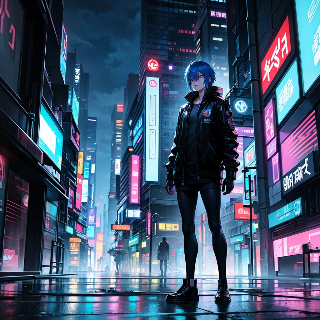 Cyberpunk City: A mysterious anime character with neon-blue hair and glowing eyes, standing in a rain-soaked alleyway of a futuristic city filled with towering skyscrapers and holographic advertisements.