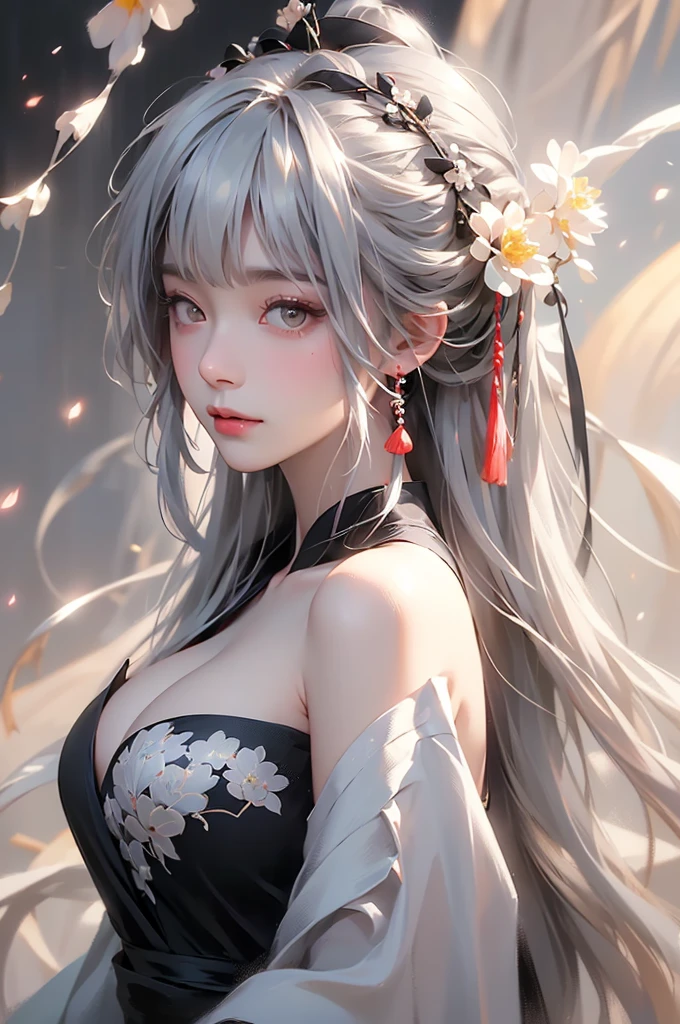 super high quality, masterpiece, Perfect illustration, Very detailed (Exquisite light and shadow, Very dramatic photo,Backlight) , ((Gray Hair:1.5))1 Girl,(( alone:1.6)), (Wearing Han clothes, Black and white Hanfu,Monotony,Long sleeve) Flower Field, Flowers, (White smoke:1.3) (Realistic:1.4), Zen Intertwining, Tangled, Official Art, unity 8k wallpaper, Very detailed, Beautiful and beautiful, masterpiece, Highest quality, (Dynamic Angle: 1.4), Glowing Skin, (Floating colorful flashes: 1) The most beautiful chaotic shapes, elegant, Brutalist Design, Bright colors, Romantic Depth of Field Exotic_dance, half_naked、Expose your shoulders、Ample breasts、Great cleavage、(from forward)