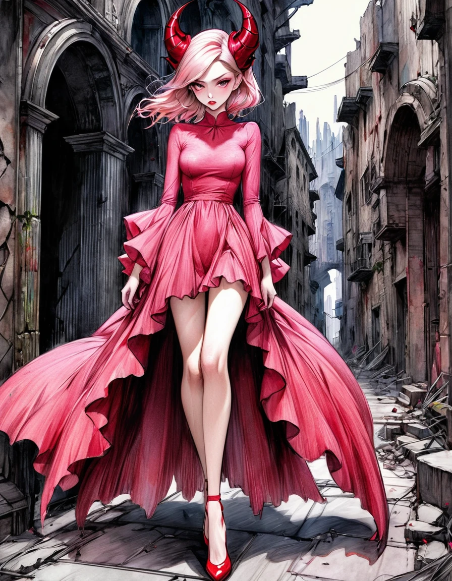 atmosphere terror devil {Amanda Sage Camilla Sanchez Edgar Degas} very fine drawing cartoon sketch art pastels watercolor pencil sketch all pink black red terror evil Venom rich deep color bright palette. perfect full body composition wonderful sexy sad woman luminous face sensual allure walking city ruins masterpiece smooth smart focus