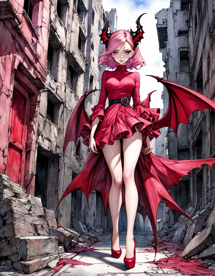 atmosphere terror devil {Amanda Sage Camilla Sanchez Edgar Degas} very fine drawing cartoon sketch art pastels watercolor pencil sketch all pink black red terror evil Venom rich deep color bright palette. perfect full body composition wonderful sexy sad woman luminous face sensual allure walking city ruins masterpiece smooth smart focus