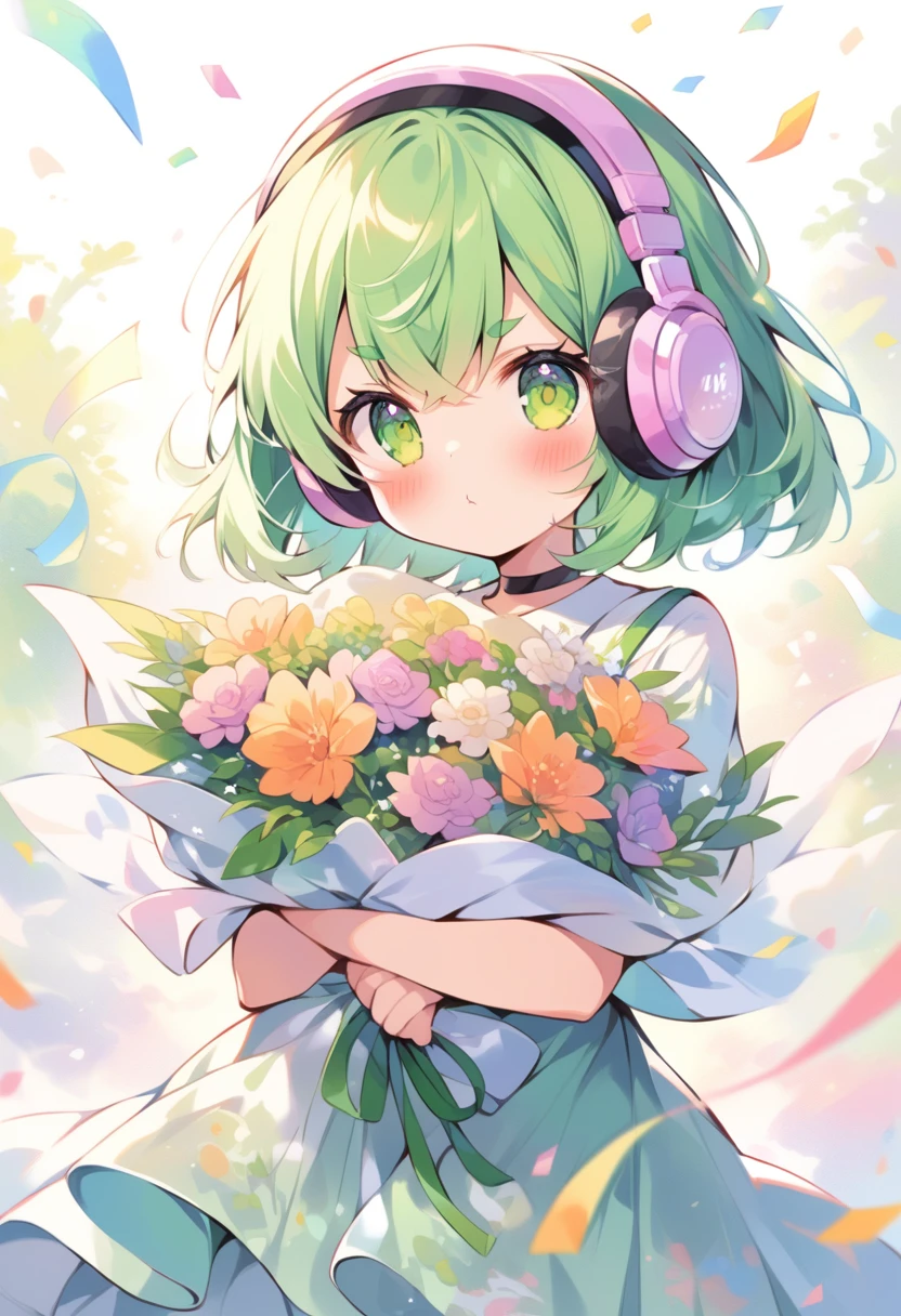 (:1.4),(little female child:1.4), cute face, 6 yeaii, (highlight on eyes:1.1), small breast, (jiggly:0.8), shiny skin,(mini girl:1.5),
BREAK
(green maro eyebrows:1.2), :<, (jitome:1.1),pouty and slightly grumpy,(medium green hair:1.3),pout,disgusted eyes, green eyes, puffy eyes,
BREAK
breathtalking Scenery, breathtalking Beauty, breathtalking Cute,scenery, (best quality, masterpiece:1.2), (ultra high quality:1.2),smooth soft skin, natural skin,watercolor,
BREAK
marbled patterns nun dress, (marbling botanical pattern headphone:1.3),blush,choker,excessive detailed collarbone,
BREAK
flower bouquet, (digits behind bouquet:1.3), (hands behind bouquet:1.3),
(holding bouquet:1.1), celebration, Congratulations,confetti, bloom effect,dynamicangle,pastelcolor,upturned eyes, abstract art,floating feather,feather effect,zentangle,floral pattern,