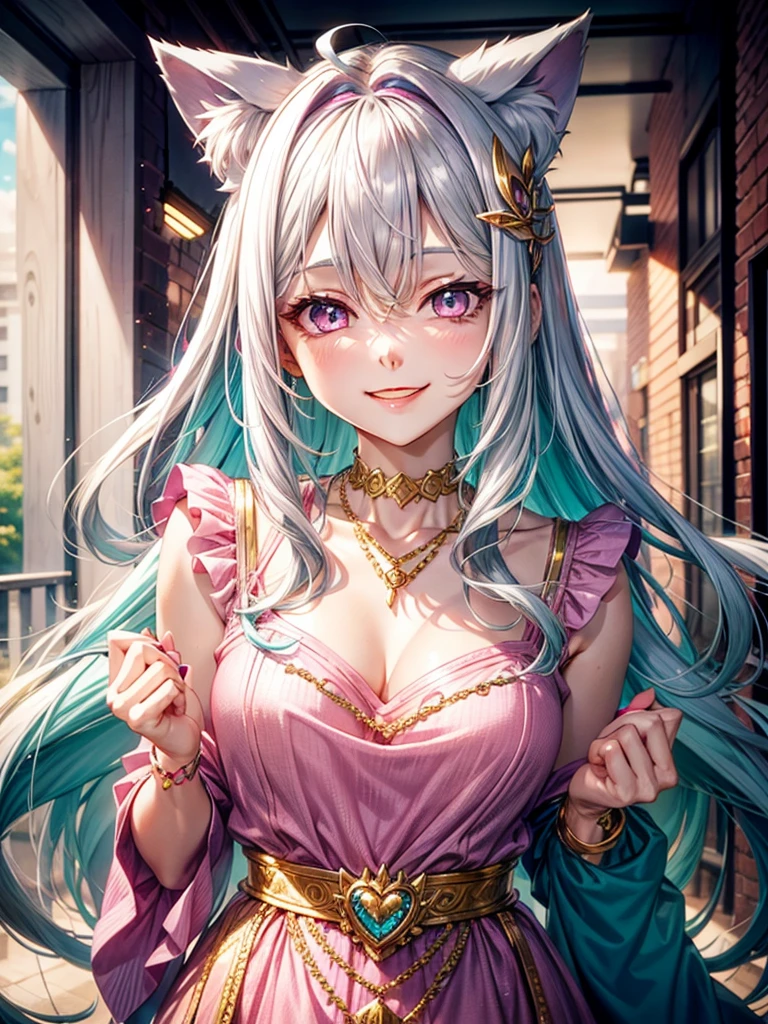 Silver hair, pink eyes, older woman, teal pink and gold clothes, hair ornament, cat ears, necklace, long hair, smiling face, upper body
