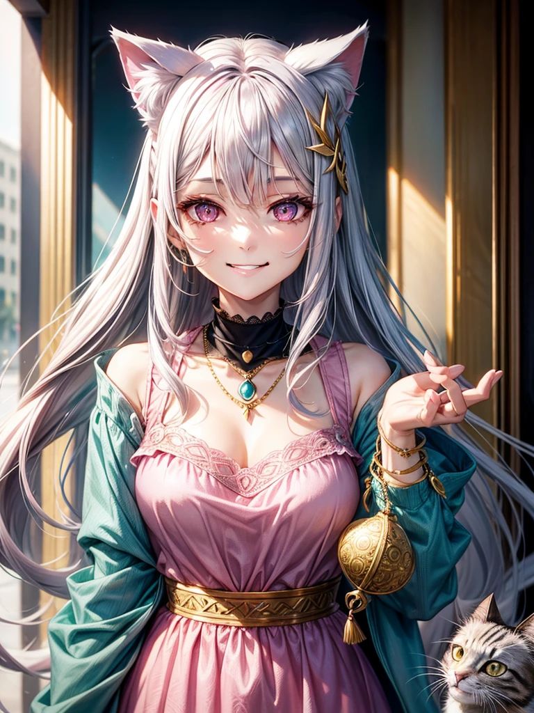 Silver hair, pink eyes, older woman, teal pink and gold clothes, hair ornament, cat ears, necklace, long hair, smiling face, upper body