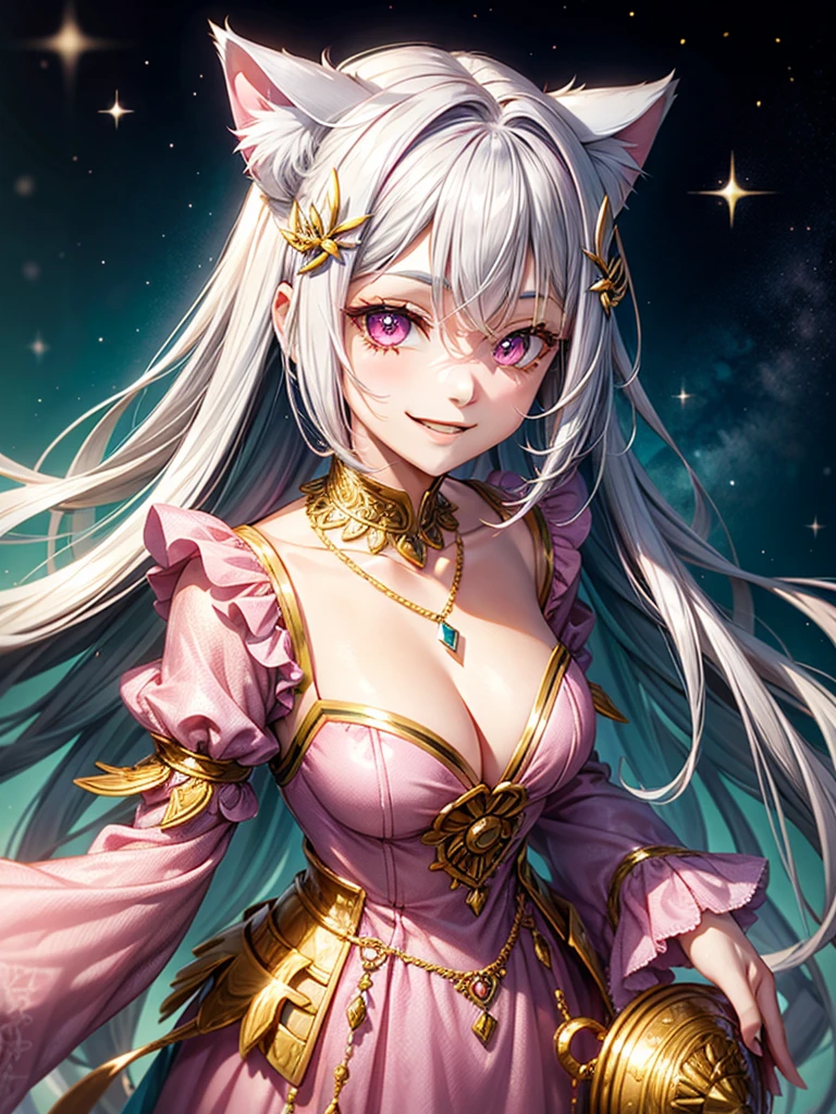 Silver hair, pink eyes, older woman, teal pink and gold clothes, hair ornament, cat ears, necklace, long hair, smiling face, upper body