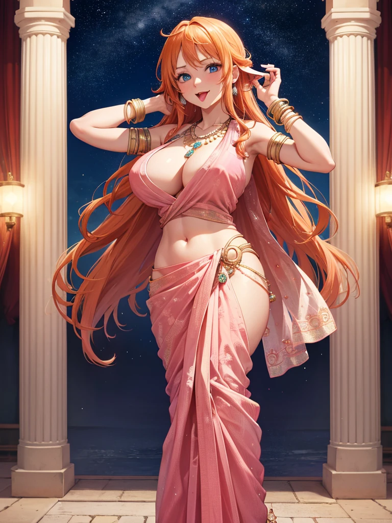 (absurderes, A high resolution, Ultra detailed, hdr), Masterpiece, Best quality, Portrait of an Indian nami, orange hair,extreme realistic very beautiful, animated style, full body shot, anime in a(((pink))) indian dress (((saree))), long black wavy hair untied, head jewellery, necklace, earings, armlets, bangles and bracelets, rings, pleasant expression, bright big blue eyes, natural beauty, vibrant colors,night sky, romantic, soft lighting, vintage aesthetic,huge breast,navel, cleavage ,standing ,mouth open, saliva,tongue out,face on front,