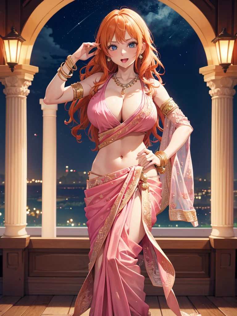 (absurderes, A high resolution, Ultra detailed, hdr), Masterpiece, Best quality, Portrait of an Indian nami, orange hair,extreme realistic very beautiful, animated style, full body shot, anime in a(((pink))) indian dress (((saree))), long black wavy hair untied, head jewellery, necklace, earings, armlets, bangles and bracelets, rings, pleasant expression, bright big blue eyes, natural beauty, vibrant colors,night sky, romantic, soft lighting, vintage aesthetic,huge breast,navel, cleavage ,standing ,mouth open, saliva,tongue out,face on front,