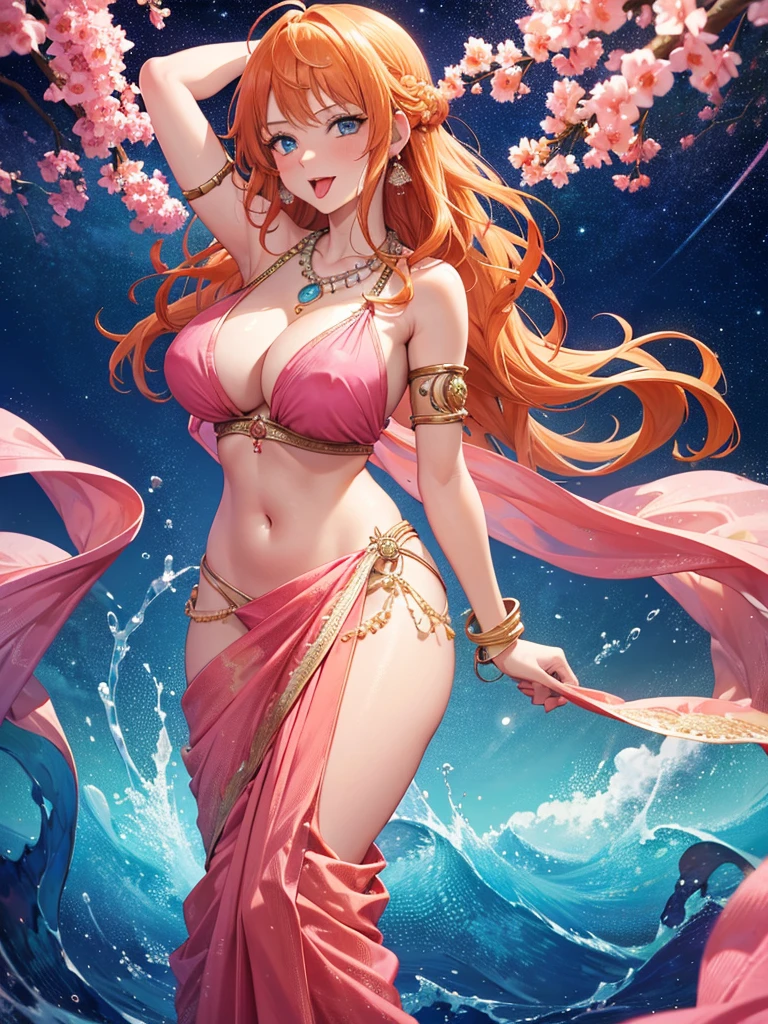 (absurderes, A high resolution, Ultra detailed, hdr), Masterpiece, Best quality, Portrait of an Indian nami, orange hair,extreme realistic very beautiful, animated style, full body shot, anime in a(((pink))) indian dress (((saree))), long black wavy hair untied, head jewellery, necklace, earings, armlets, bangles and bracelets, rings, pleasant expression, bright big blue eyes, natural beauty, vibrant colors,night sky, romantic, soft lighting, vintage aesthetic,huge breast,navel, cleavage ,standing ,mouth open, saliva,tongue out,face on front,