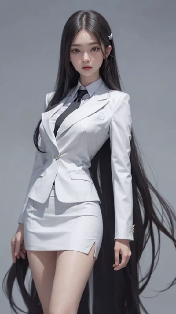 business woman, beautiful woman, Wear a suit and tie, short skirt suit, business suitwhite, กระโปรงดินสอสั้นwhite, business suitรัดรูป, All white outfit, Emphasize the curves of the body, (สาวสวยTwo meter long hair, my hair is very long., extra long hair, long black hair), business suit, (Italian style suit, two button suit), (Italian suit, white สูท, Set of two buttons), (wearing a women's suit, Business Women Suit, white), (สูทผู้หญิงwhite), (เสื้อเชิ้ตwhite), necktie, (necktieสั้นสีดำ, necktieสีดำ, necktieผอม, ถักnecktie), (military rank insignia), (Short pencil skirtwhite), (Dynamic posts), full body, (A gigantic rift), (big breasts, thin body, small waist, hips raised, small thighs, Long legs), high-heelsสีดำ, (Short pencil skirt, white), Wearing a suit for a business woman, (Wearing a white businesสูท, business suitหญิงwhite), (tight, military regalia, เสื้อwhite, กระโปรงwhite), Long legs, (black shoes), (Two gold สูท buttons, Two meter long hair, Form fitting suit, เสื้อสูทwhiteทรงธรรมดารัดรูป), (black shoes, high-heels), (stand, walk, elegant gesture, Dynamic posts), short dress, earring, garden, Modeling, ภาพfull body, เหมือนfull body