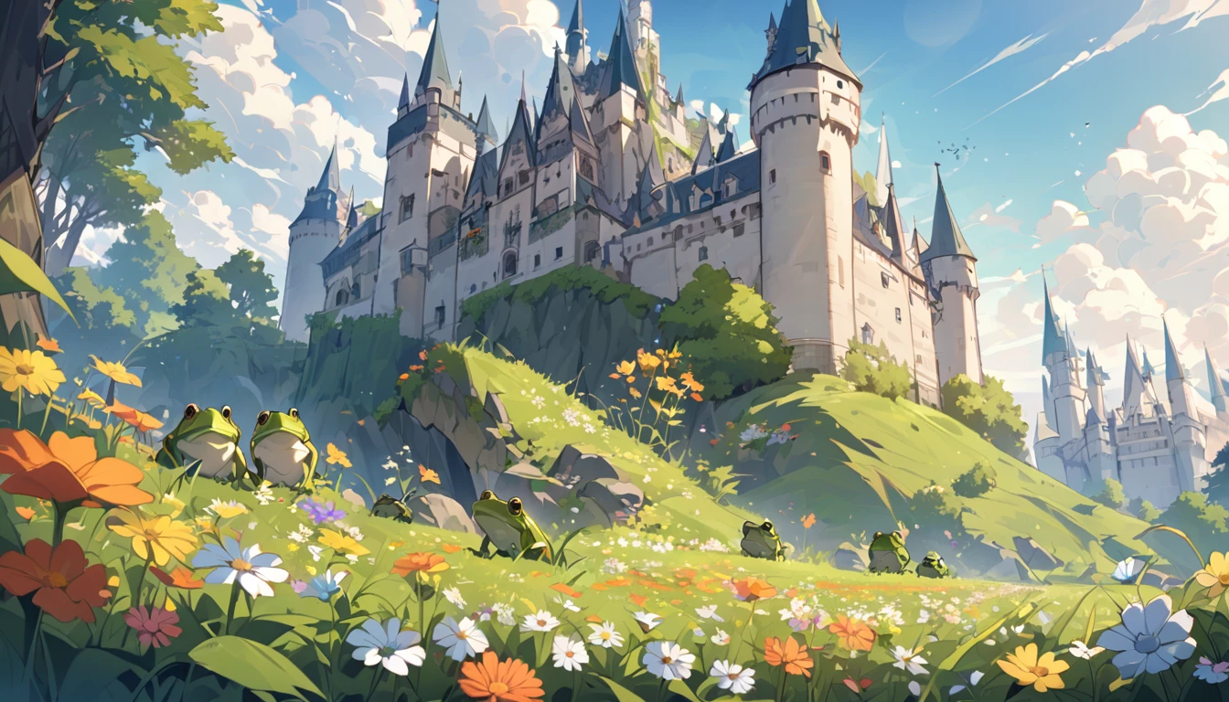 Little frogs,Stand in front of the beautiful castle,There are many wild flowers around the castle,weed,sunny,Beautiful scenery
