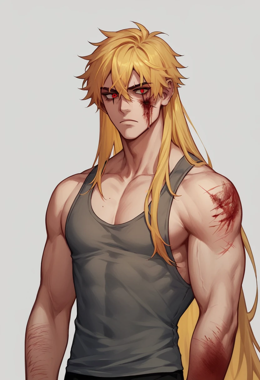 Concept ART Versions face , Human Male Adult age , yellow hair,((Burn Scar half face)) , Very long hair , tank top ,Red eyes