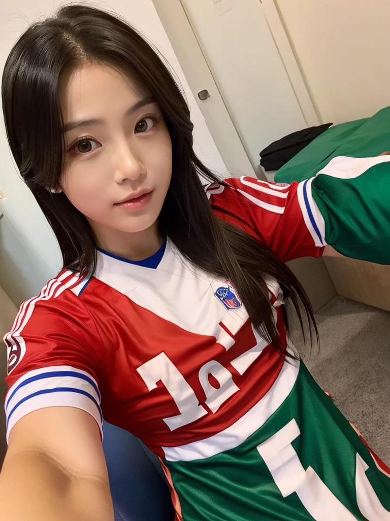 ((high detail)), ((masterpiece)), Chinese, Female, shoulder length hair, wearing football jersey, selfie