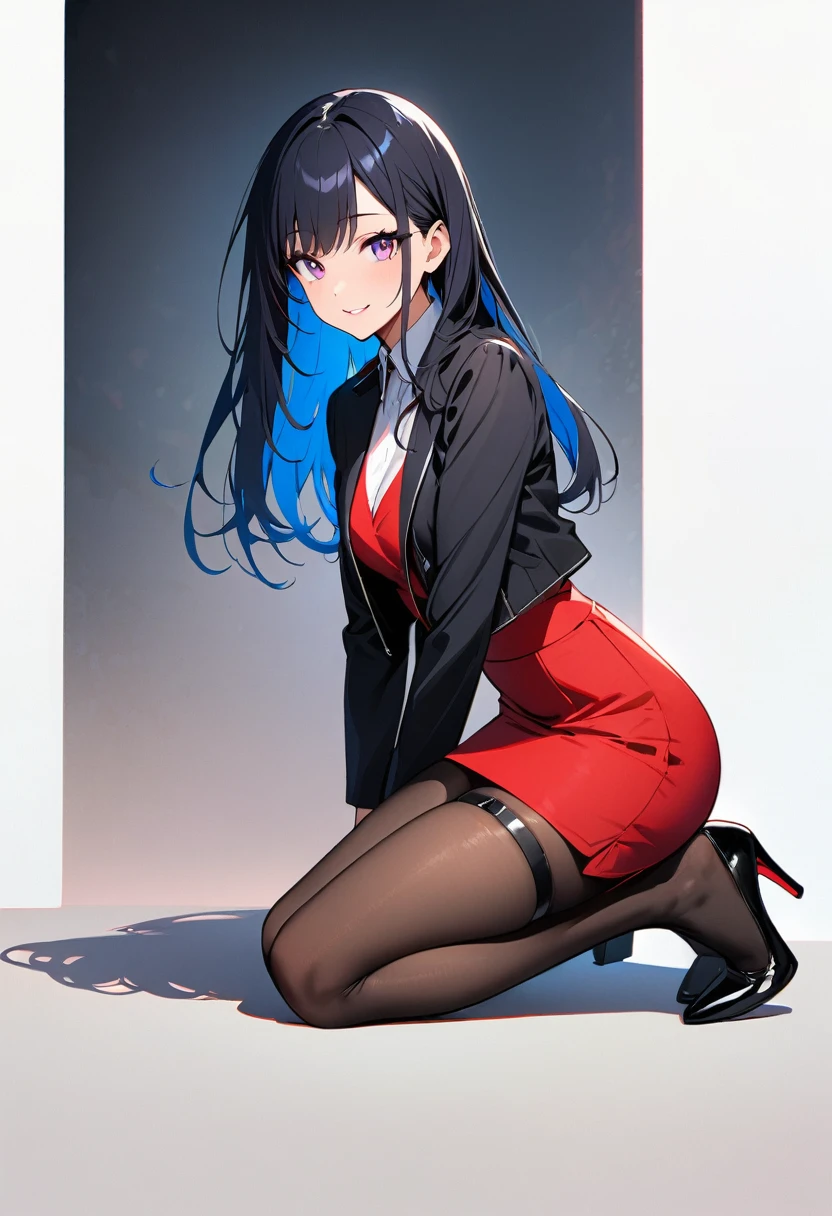 (masterpiece:1.2),Highest quality,Pixiv
,One girl,alone,Long Hair,pantyhose,skirt,View your viewers,High heels,smile,Black footwear,red skirt,White Background,Bangla Background,Long sleeve,whole body,high-waist skirt,From the side,One knee,Black Hair,pencil skirt,Thigh straps,Pink Eyes,chest,Jacket,shirt,Straight hair,black Jacket,Blue Hair,Dark Skin, blue eyes,Part your lips,Look to the side,