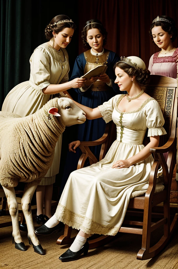 Suppose, a queen sat on a rocking chair. She is fond of flattery. So, a group of sheep licking the feet of the queen. sheep are in front of her and she is being flattered at their flattery