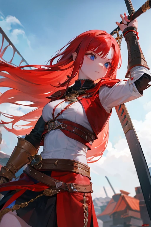 A red-haired girl wields the Heavy Thrusting Swords from within the Elden Ring in a reverse grip.