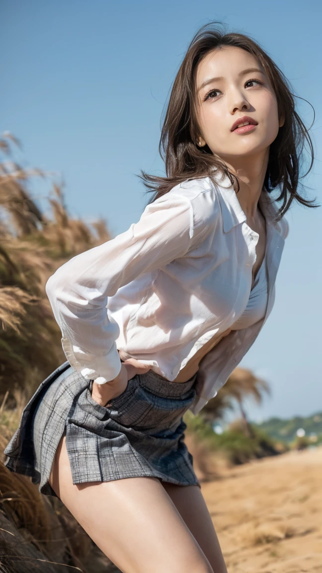 (((Low angle shooting、Looking into the camera:1.22,Leaning forward、Open shirt、No underwear)))、(((8K、Highest quality、masterpiece、Ultra-high resolution)))、(Realistic:1.4)、RAW Photos、(Real skin texture:1.3)、(Film Grain:1.3)、((Are standing、Skirt flutters in strong winds、Under the skirt、Do not bend your legs、Don'Don'don't bend your knees、Spread your thighs、Beachside、))、One Girl、Beautiful and detailed eyes and face、masterpiece、Highest quality、close、thin、Japanese Uniform、dynamic、barefoot、Mr..々Pause、