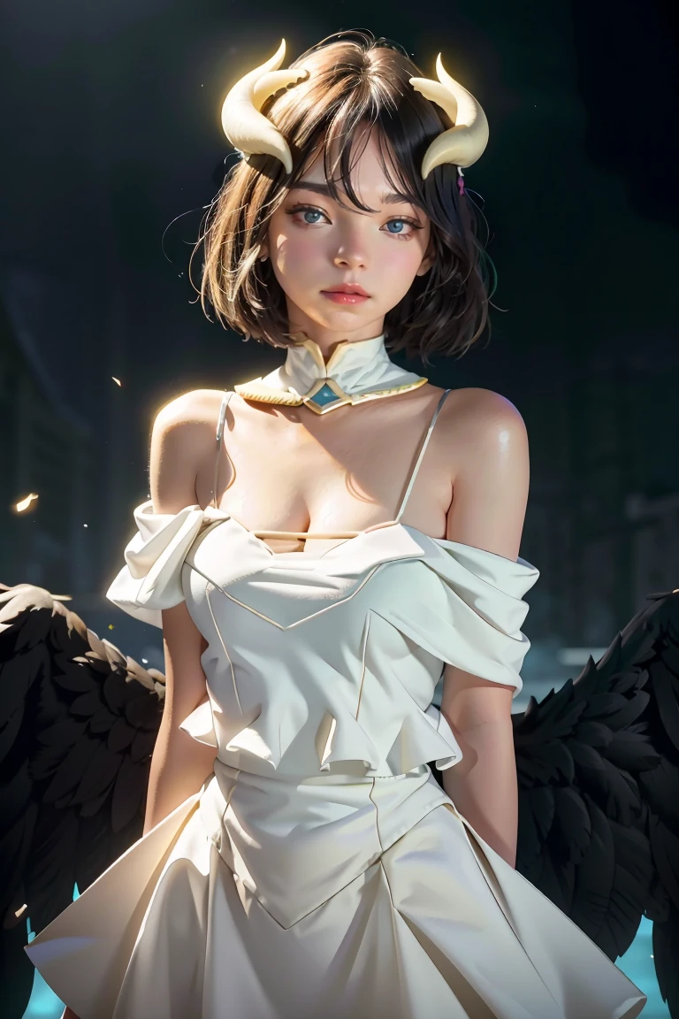 Masterpiece, Best quality, Ultra-detailed, illustration, epic lighting, Cinematic composition, isometry,(hexagons:1.2), 1girll, Horns, Solo, Yellow eyes, Black hair, Long hair, (Low wing:1.2), Large cleavage, Bare shoulders, hair between eye, Medium breasts, (White dress:1.1), Golden decoration, Detached collar, view the viewer, Semi-closed Eyes, (view the viewer:1.1), parted lip, Blush, Black feathers fall, Arena, particle fx, (8K:1.1)