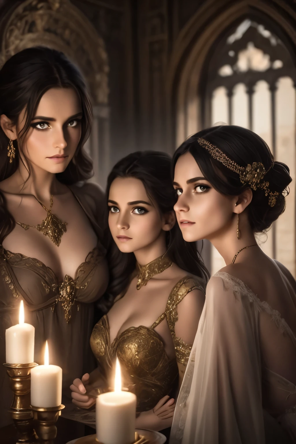 a detailed fantasy scene of three young girls exploring an ancient, mysterious house, extremely detailed eyes and faces, beautiful detailed lips, longeyelashes, highly realistic, photorealistic, 8k, masterpiece, studio lighting, vivid colors, dramatic lighting, ornate architecture, dusty textures, cobweb-covered walls, mysterious atmosphere, sense of discovery, warm light from candles, glowing magical artifacts