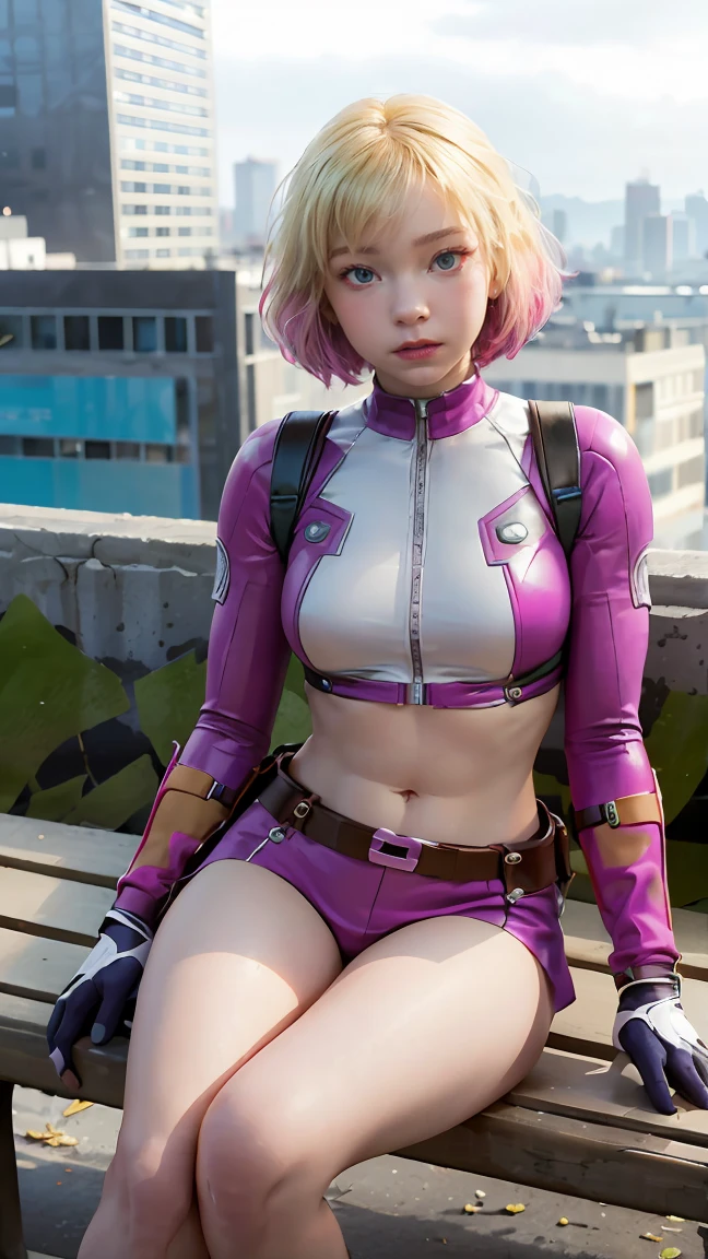 (Highly quality, masterpiece, detailed), city detailed scenario, city detailed background, solo, gwenpool, blonde hair, multi colored hair, 1woman, crop top, two-tone, navel, gloves, sitting on a bench, perfect face, beautiful eyes, look at the viewer, Sexy pose