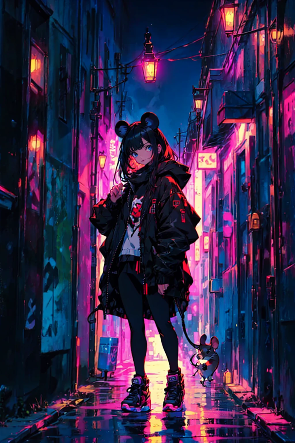 1girl and 1mouse,cool,in street,alley,she feed a mouse, she wear black clothes,Niji Style