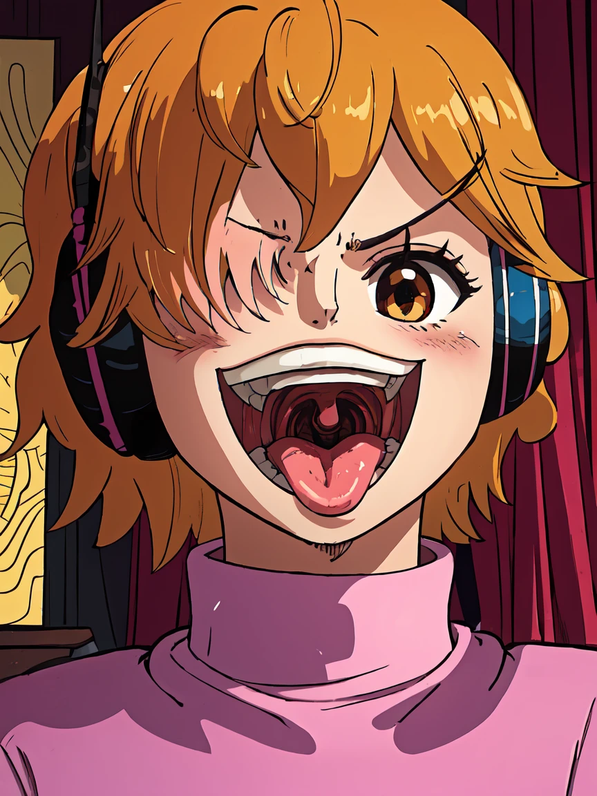 masterpiece, ((ultra detailed background, delicate pattern, intricate detail)), (highly detailed, fine details), best quality, beautiful lighting, ((medium breasts, slim girl)), 1girl, Lilith, ((mischievous smile)) ,(bangs covering one eye), ((light ginger hair)),headphones, (brown eyes), dark-purple jacket,(pink bodysuit, (close-up, portrait), blush, open mouth, big mouth, tongue, tongue out, close up, saliva, uvula, uvula, room, mouth focus, excessive saliva, hair one eye covered, room, indoors, angry