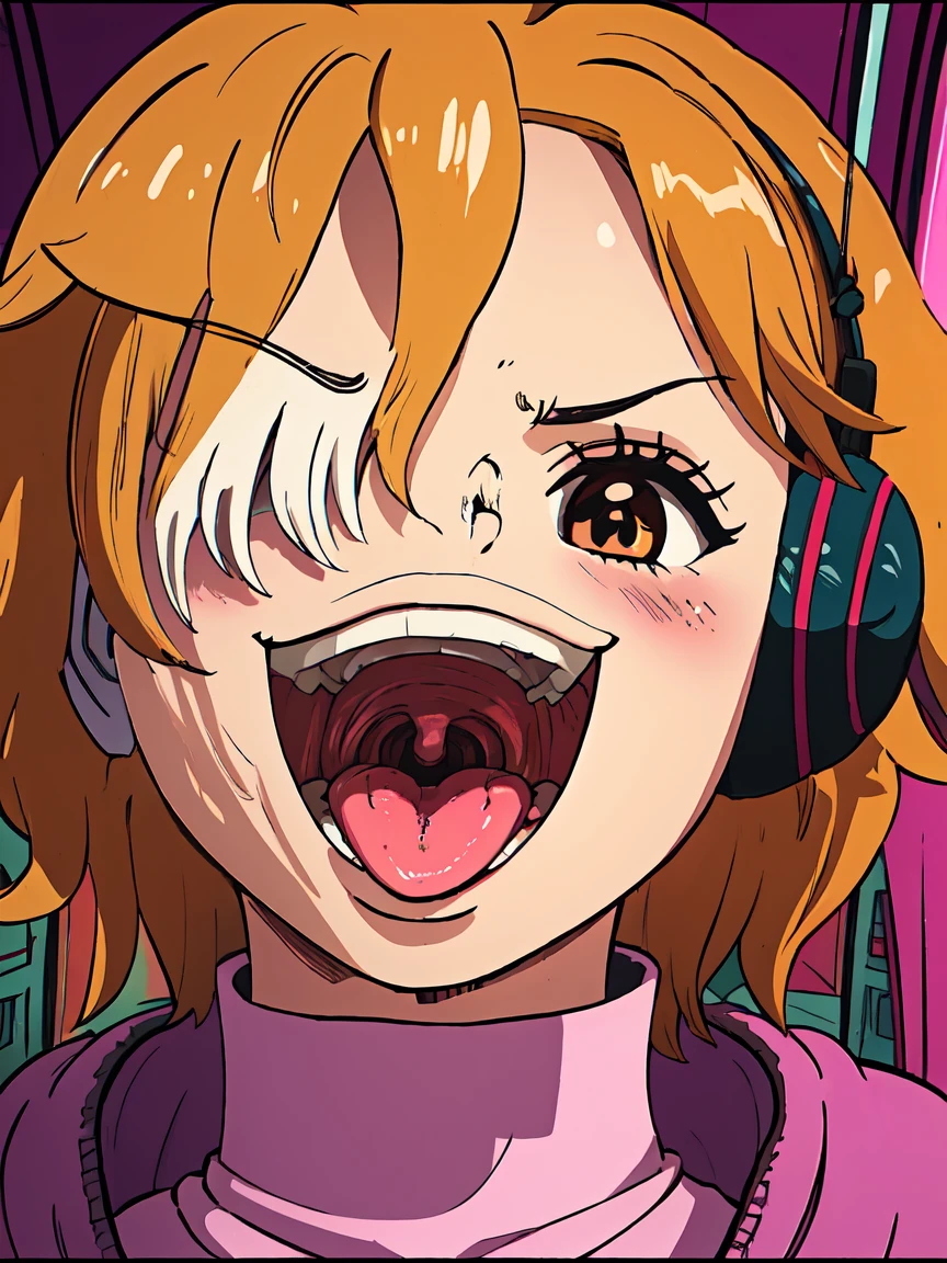 masterpiece, ((ultra detailed background, delicate pattern, intricate detail)), (highly detailed, fine details), best quality, beautiful lighting, ((medium breasts, slim girl)), 1girl, Lilith, ((mischievous smile)) ,(bangs covering one eye), ((light ginger hair)),headphones, (brown eyes), dark-purple jacket,(pink bodysuit, (close-up, portrait), blush, open mouth, big mouth, tongue, tongue out, close up, saliva, uvula, uvula, room, mouth focus, excessive saliva, hair one eye covered, room, indoors, angry