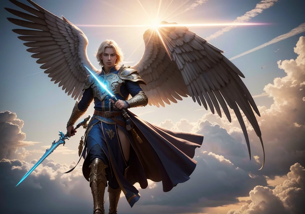 Male angel with flaming sword in the background flying and illuminated flying over the sunny skies, clear and bright sky, realistic epic, Soft cinematic portrait, Adobe Lightroom, photo laboratory, highy detailed, Art by Greg rutkowski and ArtGerm, Neutral Colors: 1.2), (hdr: 1.4), (subdued colors:1.2), hyperdetailed, (art station:1.4), cinematic, warm lights, naturallight, (details Intricate:1.1), complex background, (Rutkowski:0.66), (blue and orange:0.4), 1080x1920 resolution
