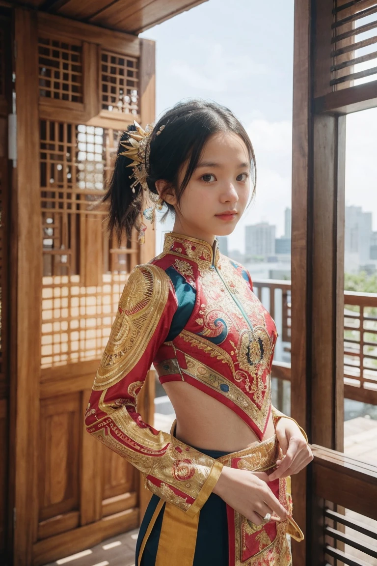 An Indonesian-styled futuristic suit worn by a girl depicting cultural fusion and modern fashion. The suit is adorned with intricate patterns and vibrant colors, showcasing the rich heritage of Indonesia. The girl stands confidently in a dynamic pose, with her detailed eyes reflecting determination and curiosity. The suit's material is a combination of traditional textiles and futuristic synthetic fabrics, giving it a unique and avant-garde appearance. The overall image quality is of the highest standard, with sharp focus and ultra-detailed rendering. The artwork employs physically-based rendering techniques, resulting in realistic lighting and shadows. The colors are vivid and vibrant, capturing the essence of Indonesian cultural aesthetics. The background features a fusion of modern architecture and traditional elements, creating a harmonious blend of the past and the future. The prompt explores the intersection of Indonesian culture, futuristic design, and the artistic representation of a confident girl.
