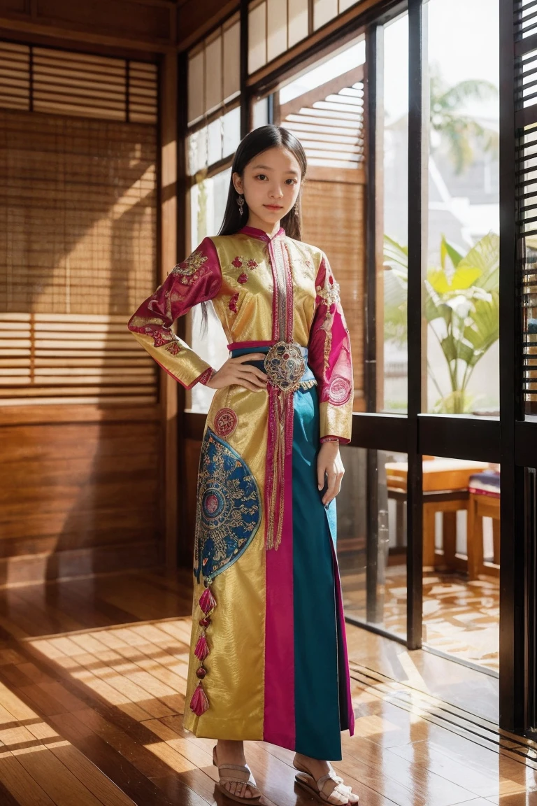 An Indonesian-styled futuristic suit worn by a girl depicting cultural fusion and modern fashion. The suit is adorned with intricate patterns and vibrant colors, showcasing the rich heritage of Indonesia. The girl stands confidently in a dynamic pose, with her detailed eyes reflecting determination and curiosity. The suit's material is a combination of traditional textiles and futuristic synthetic fabrics, giving it a unique and avant-garde appearance. The overall image quality is of the highest standard, with sharp focus and ultra-detailed rendering. The artwork employs physically-based rendering techniques, resulting in realistic lighting and shadows. The colors are vivid and vibrant, capturing the essence of Indonesian cultural aesthetics. The background features a fusion of modern architecture and traditional elements, creating a harmonious blend of the past and the future. The prompt explores the intersection of Indonesian culture, futuristic design, and the artistic representation of a confident girl.
