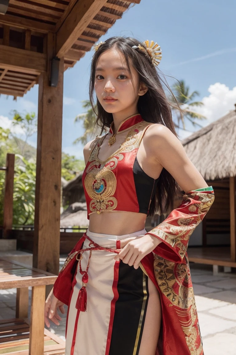 An Indonesian-styled futuristic suit worn by a girl depicting cultural fusion and modern fashion. The suit is adorned with intricate patterns and vibrant colors, showcasing the rich heritage of Indonesia. The girl stands confidently in a dynamic pose, with her detailed eyes reflecting determination and curiosity. The suit's material is a combination of traditional textiles and futuristic synthetic fabrics, giving it a unique and avant-garde appearance. The overall image quality is of the highest standard, with sharp focus and ultra-detailed rendering. The artwork employs physically-based rendering techniques, resulting in realistic lighting and shadows. The colors are vivid and vibrant, capturing the essence of Indonesian cultural aesthetics. The background features a fusion of modern architecture and traditional elements, creating a harmonious blend of the past and the future. The prompt explores the intersection of Indonesian culture, futuristic design, and the artistic representation of a confident girl.