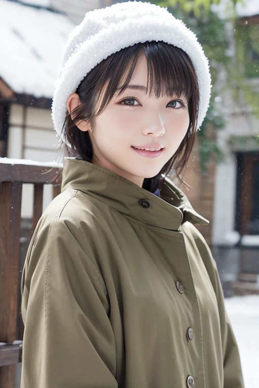 Beautiful Japanese Women,(Winter clothes:1.2), 20-year-old、Light green coat、White snow hat, (RAW Photos, Highest quality), (reality, Realistic:1.4), Clean look、double eyelid、very detailed eyes and face, Beautiful and detailed nose, beautiful eyes, Perfect Anatomy, Black short hair, bangs、ponytail、Crystal skin, A cool smile、Face Focus、 The background is snowy mountains、The weather is snow、