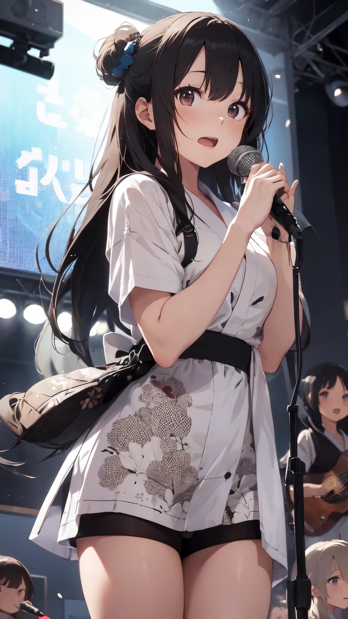 ​masterpiece、Ultra-detail、intricate detailes、Realistic texture、Unevenness of the human body、realistic in every detail、top-quality、Surrealist works、Women are detailed and realistic、Women in colorful yukata with floral patterns and polka dots、、Two Girls、Sisters、singer、Singing on stage、Hold the microphone、
