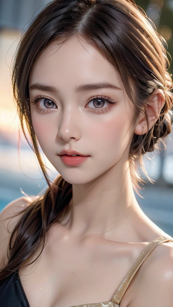 One Girl，(1人のとてもcute女の子:1.3)，masterpiece，Highest quality，High resolution，From below，Low - Angle，Photorealistic，RAW Photos，Ray Tracing，Physically Based Rendering，beautiful girl，(15 years old:1.3)，cute，Big eyes，(detailed pupils:1.2)，(The face is facing straight ahead:1.3)，Body facing forward，Beautiful nose，High nose，Upturned nose，Fuller lips，Short black hair，ponytail，short hair，Detailed eyelashes，Thin eyebrows，Very fine grain definition，(Symmetrical eyes，Golden Ratio:1.3)，(Face close-up，Face Focus:1.0)，Small breasts，Short neck，White swimsuit，White Bikini，The background is the sea，Southern Island，sunset，Sunset，Portrait，View Viewer，Upper Body，Cinema Lighting，High resolution，Very detailed