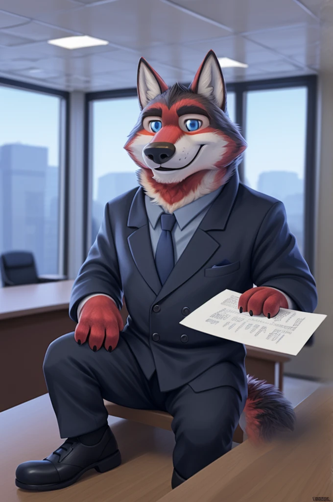 Ivan Fedorovich Wolfbach (Novosibirsk) ,Tall, handsome man, wolf,young, 24 years, brown fur,Kind,(red body:1.3),beautiful blue eyes,Novosibirsk,dressed, black jacket awards on jacket, shirt, black tie, trousers,shoes, wolf, detailed fur, man ,paw pads, finger claws,per viewer, 5 fingers, paws, 5 fingers, smile, wrist watch, nextel, by xenoforge, (complex, high detail, digital photography, soft focus, RAW variety viewer, Very close to the camera) , variety, Novosibirsk, smile, good mood, positive, Very close to the camera, GOVERNOR,coming, ministry of health,cabinet, GOVERNORа, writes documents, to the city, GOVERNOR Novosibirskа, conference table, Colleagues,самый young GOVERNOR, black tie,
Photorealism, realism, digital style, Subsurface scattering, I look at the viewer, is sitting,conference table, handle, paper,
masterpiece, Best quality, ultra realistic, 8 thousand.)