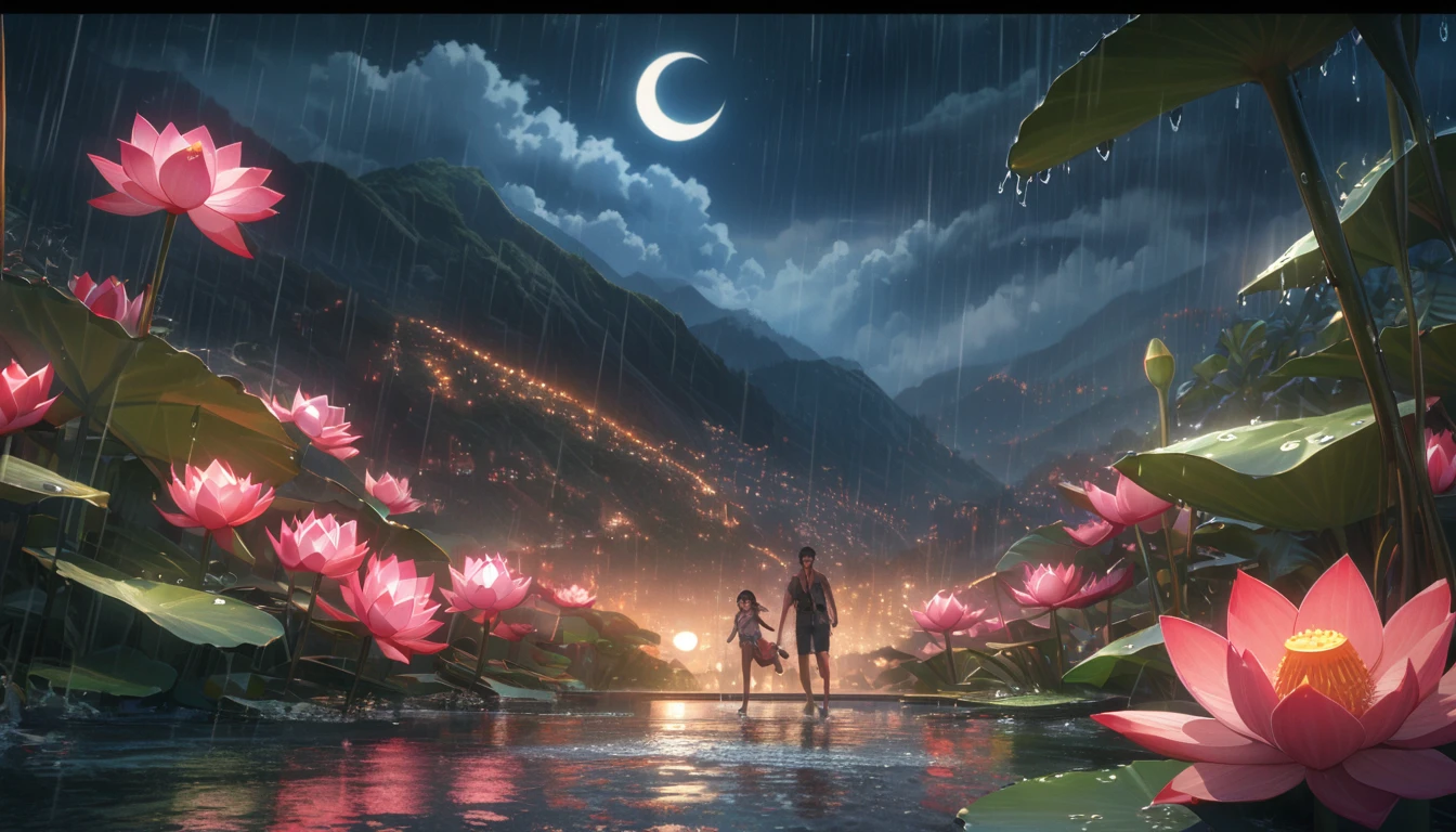 night, Only moonlight illuminates, crescent moon, mountains in the distance, Beautiful big lotus nearby, Big red lotus, There is running water next to it, frog, Summer is full of joy, crescent moon in the sky mixed with stars, amazing wallpapers, rainy night, rainy night, Beautiful and beautiful, Movie, high detail ((downpour))), 8K