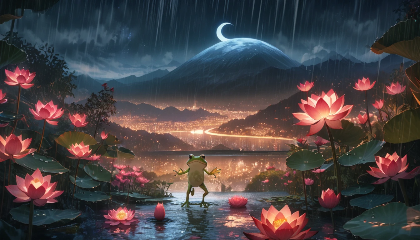 night, Only moonlight illuminates, crescent moon, mountains in the distance, Beautiful big lotus nearby, Big red lotus, There is running water next to it, frog, Summer is full of joy, crescent moon in the sky mixed with stars, amazing wallpapers, rainy night, rainy night, Beautiful and beautiful, Movie, high detail ((downpour))), 8K
