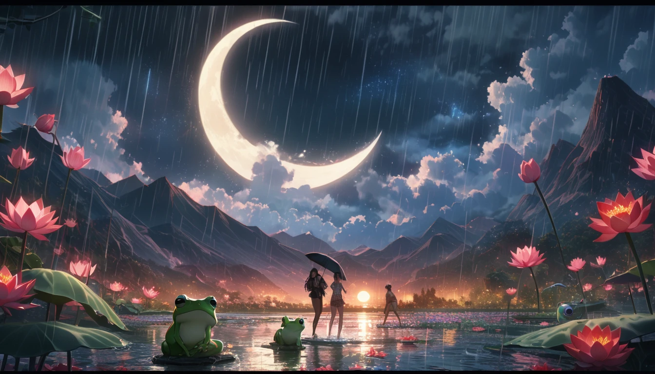 night, Only moonlight illuminates, crescent moon, mountains in the distance, Beautiful big lotus nearby, Big red lotus, There is running water next to it, frog, Summer is full of joy, crescent moon in the sky mixed with stars, amazing wallpapers, rainy night, rainy night, Beautiful and beautiful, Movie, high detail ((downpour))), 8K