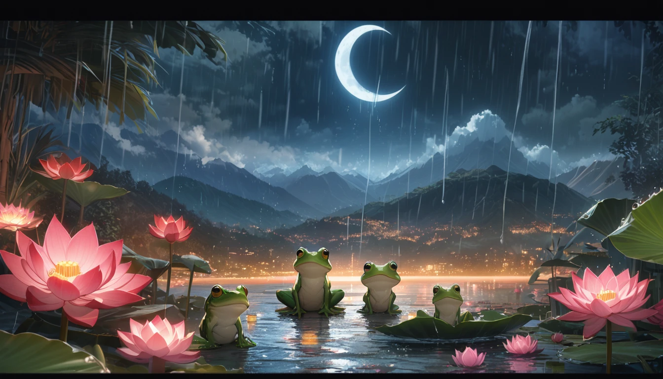 night, Only moonlight illuminates, crescent moon, mountains in the distance, Beautiful big lotus nearby, Big red lotus, There is running water next to it, frog, Summer is full of joy, crescent moon in the sky mixed with stars, amazing wallpapers, rainy night, rainy night, Beautiful and beautiful, Movie, high detail ((downpour))), 8K