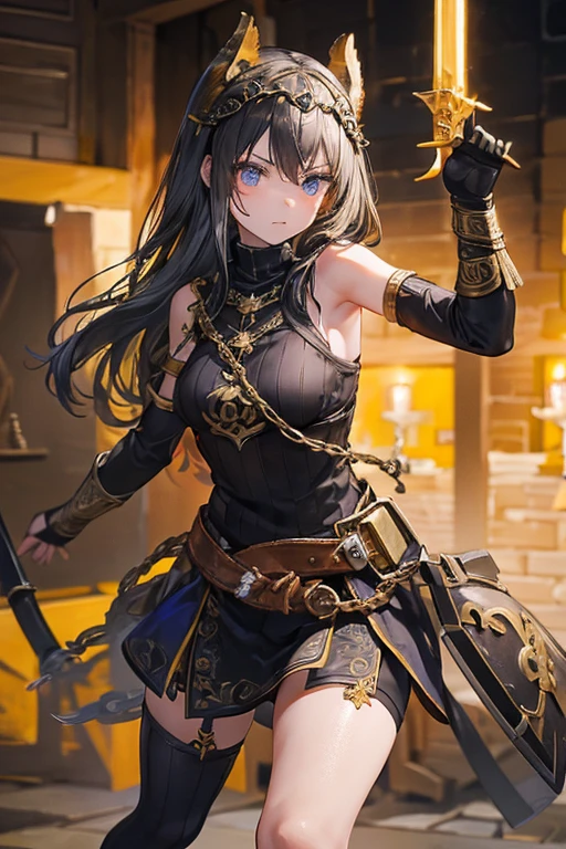 A black and golden-haired girl wears viking helmet wields the Heavy Thrusting Swords from within the Elden Ring in a reverse grip.