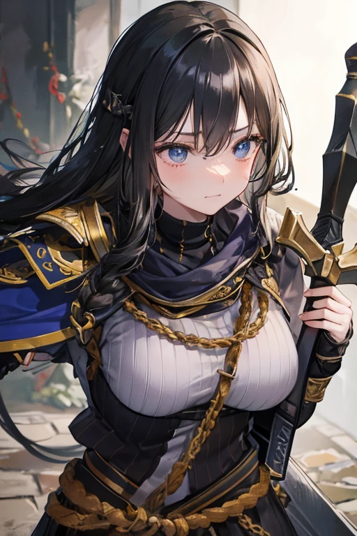 A black and golden-haired girl wears viking helmet wields the Heavy Thrusting Swords from within the Elden Ring in a reverse grip.