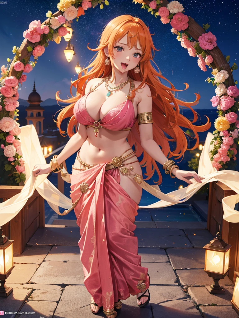 (absurderes, A high resolution, Ultra detailed, hdr), Masterpiece, Best quality, Portrait of an Indian nami, orange hair,extreme realistic very beautiful, animated style, full body shot, anime in a(((pink))) indian dress (((saree))), long black wavy hair untied, head jewellery, necklace, earings, armlets, bangles and bracelets, rings, pleasant expression, natural beauty, vibrant colors,night sky, romantic, soft lighting, vintage aesthetic,huge breast,navel, cleavage ,standing ,mouth open, saliva,tongue out,face on front,