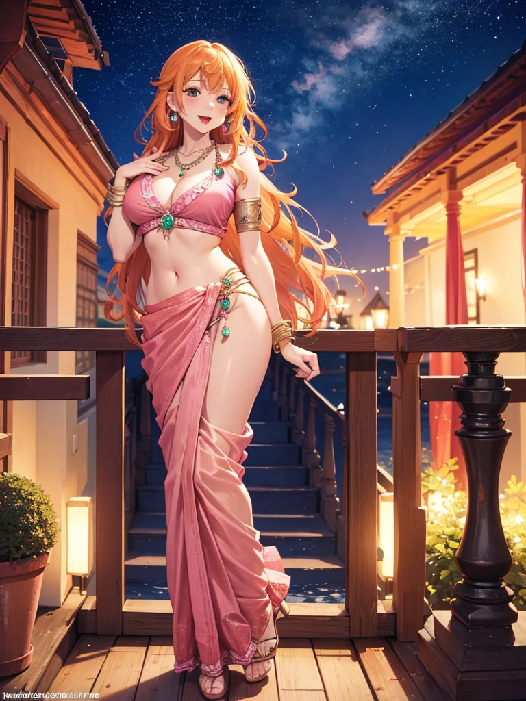 (absurderes, A high resolution, Ultra detailed, hdr), Masterpiece, Best quality, Portrait of an Indian nami, orange hair,extreme realistic very beautiful, animated style, full body shot, anime in a(((pink))) indian dress (((saree))), long black wavy hair untied, head jewellery, necklace, earings, armlets, bangles and bracelets, rings, pleasant expression, natural beauty, vibrant colors,night sky, romantic, soft lighting, vintage aesthetic,huge breast,navel, cleavage ,standing ,mouth open, saliva,tongue out,face on front,