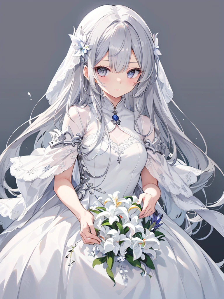 high quality、Grey Hair、Long Hair、Iris、White dress、Stand beautifully、simple、