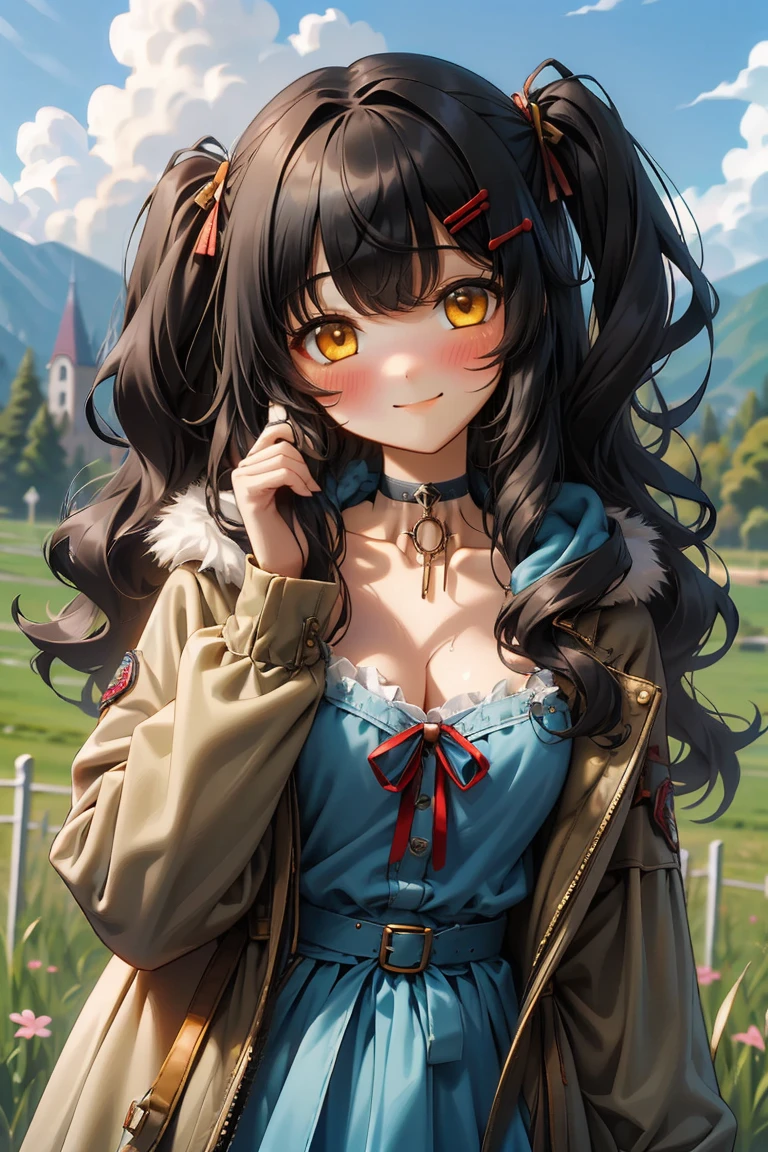 (masterpiece:1.2), (high quality:1.2), girls with((1girl, solo, black hair, yellow eyes, (wavy long hair, one side up, hairclips:1.3), blush, breasts, choker, cleavage, coat, cowboy shot, blue lace dress, camisole, ribbon waist belt, black ribbon belt, red bow, red ribbon, neck ribbon, collar, collarbone, rosary, rosary choker, cross, fur, fur trim, parka, khaki hoodie, green hoodie, khaki jacket, hood down, hooded coat, hooded jacket, hoodie, jacket, large breasts, long sleeves, medium breasts, open clothes, open coat,open hoodie, sleeveless, winter clothes, zipper, cleavage, upper body, hand up, waving, palm)), background with((architecture, blue sky, bush, castle, village, no humans, cloud, cloudy sky, day, field, garden, grass, hill, house, lamppost, landscape, mountain, mountainous horizon, nature, no humans, outdoors, scenery, shrine, sky))