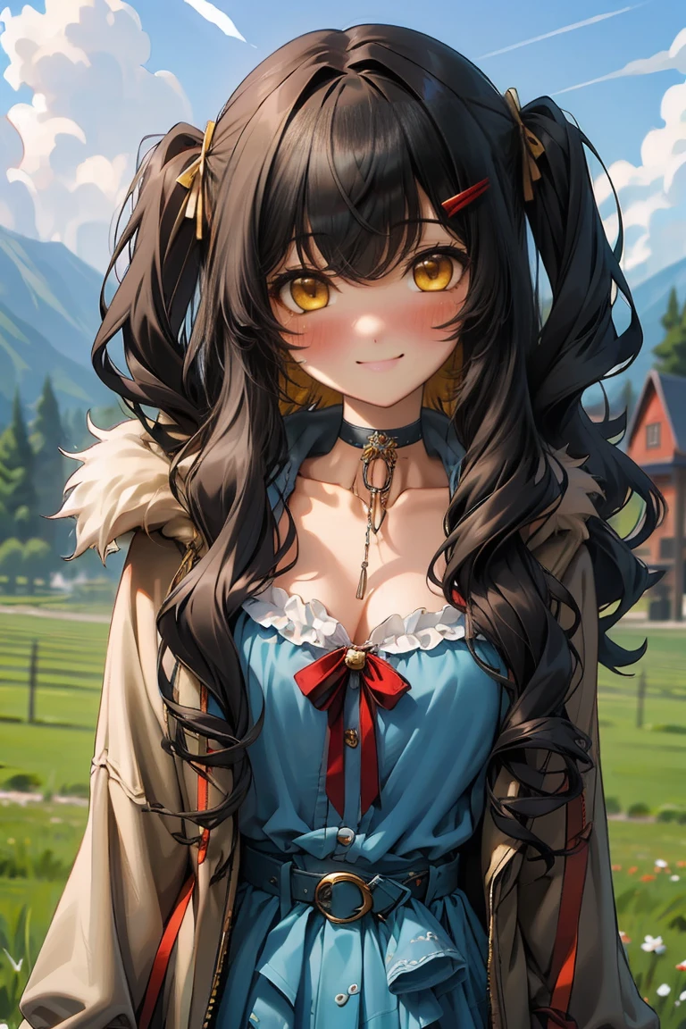 (masterpiece:1.2), (high quality:1.2), girls with((1girl, solo, black hair, yellow eyes, (wavy long hair, one side up, hairclips:1.3), blush, breasts, choker, cleavage, coat, cowboy shot, blue lace dress, camisole, ribbon waist belt, black ribbon belt, red bow, red ribbon, neck ribbon, collar, collarbone, rosary, rosary choker, cross, fur, fur trim, parka, khaki hoodie, green hoodie, khaki jacket, hood down, hooded coat, hooded jacket, hoodie, jacket, large breasts, long sleeves, medium breasts, open clothes, open coat,open hoodie, sleeveless, winter clothes, zipper, cleavage, upper body, hand up, waving, palm)), background with((architecture, blue sky, bush, castle, village, no humans, cloud, cloudy sky, day, field, garden, grass, hill, house, lamppost, landscape, mountain, mountainous horizon, nature, no humans, outdoors, scenery, shrine, sky))