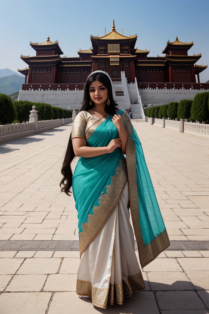 1 Heavenly beautiful and goddess beauty cute and sweet looking face Arabian female in front of Potala Palace, China, Heavenly beautiful Overweight, Heavenly beautiful Extremely fat, Heavenly beautiful and attractive Chubby figure , Heavenly beautiful looking and eye catching luxury style floral saree , reaching out, Heavenly beautiful Arabian woman, 16k, High resolution, masterpiece, highest quality, fine skin, outside view, Realistic Photograph